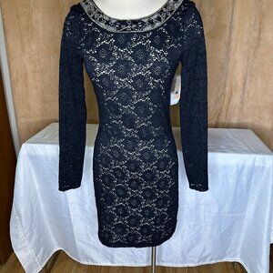 Denim and Supply Ralph Lauren Black Lace Beaded Neckline Dress, Long Sleeve, S